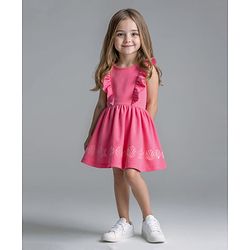 Bonfino 100% Cotton Knit Sleeveless Dress with Ruffles & Sea Life Print - Red