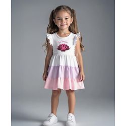 Bonfino 100% Cotton Knit Frill Sleeves Tiered Dress with Sea Treasure Embroidery & Sequin Detailing - White