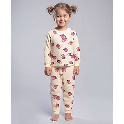 Bonfino 100% Cotton Knit Full Sleeves Co-ords Night Suit with Fish Print - Beige