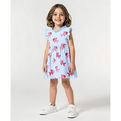 Bonfino 100% Cotton Knit Frill Sleeves Dress with Fish Print - Light Blue