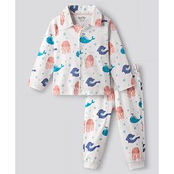 Bonfino 100% Cotton Knit Full Sleeves Co-ord Nightsuit with Sea Life Print - White