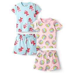Bonfino 100% Cotton Knit Half Sleeves Co-ords Shorts Night Wear With Sea Life Theme Pack Of 2 - Blue & Pink