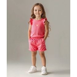 Bonfino 100% Cotton Knit Frill Sleeves T-Shirt & Shorts Set with Crab Embroidery - Red