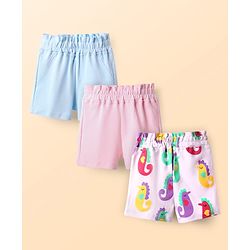 Bonfino 100% Cotton Knit Shorts With Sea Horse Print Pack Of 3 - Blue Lavender & Pink