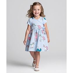 Bonfino 100% Cotton Knit Half Sleeves Frock with Unicorn Print - Light Blue