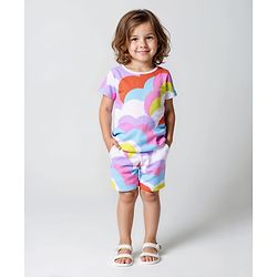 Bonfino 100% Cotton Knit Half Drop Shoulder Sleeves Oversized Co-ords T-Shirt & Cycling Shorts Set with Cloud Print - White
