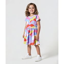 Bonfino 100% Cotton Knit Half Sleeves Dress with Clouds Print - White