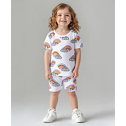 Bonfino 100% Cotton Knit Half Sleeves Co-ords T-Shirt & Cycling Shorts Set with Rainbow Print - White