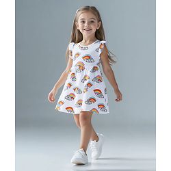 Bonfino 100% Cotton Knit Frill Sleeves Dress With Rainbow Print - White