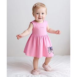 Bonfino 100% Cotton Knit Sleeveless Dress with Bloomer Unicorn Print & Text Embroidery - Pink