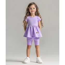 Bonfino 100% Cotton Knit Half Sleeves T-Shirt & Cycling Shorts Set with Rainbow Patch - Lavender