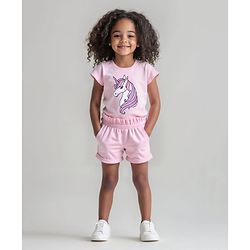 Bonfino 100% Cotton Knit Short Sleeves Unicorn Printed T-Shirt & Shorts Set - Pink