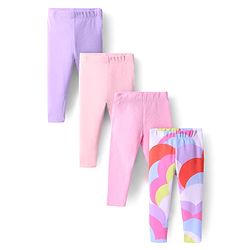 Bonfino 100% Cotton Knit Full Length Cloud Printed Leggings Pack of 4 - Pink Lavender & White