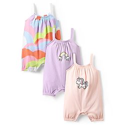 Bonfino 100% Cotton Knit Sleeveless Unicorn & Rainbow Printed Rompers Pack of 3 - Lavender White & Pink