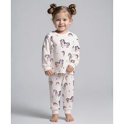 Bonfino 100% Cotton Knit Full Sleeves Co-ords Night Suit with Unicorn Print - White
