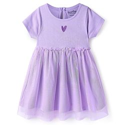 Bonfino 100% Cotton Knit Half Sleeves Dress with Hearts Embroidery - Lilac