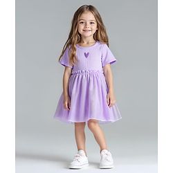 Bonfino 100% Cotton Knit Half Sleeves Dress with Hearts Embroidery - Lilac