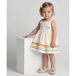 Bonfino 100% Cotton Knit Sleeveless Dress With Bloomer & Heart Patch - Ivory