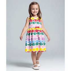 Bonfino 100% Cotton Knit Sleeveless Dress With Heart Print and Bow Applique - Pink & Yellow