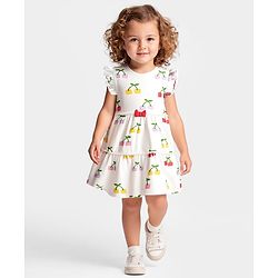 Bonfino 100% Cotton Knit Frill Sleeves Frock With Cherry Print - Ivory