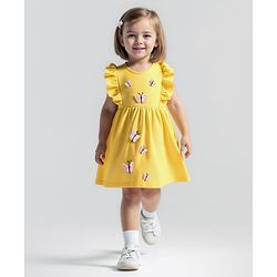 Bonfino 100% Cotton Knit Frill Sleeves Frock with 3D Butterfly Applique - Yellow