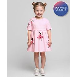 Bonfino 100% Cotton Knit Half Drop Shoulder Sleeves Oversized Dress with Angel Print - Pink