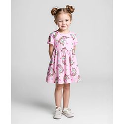 Bonfino 100% Cotton Knit Half Sleeves Frock With Unicorn & Heart Print - Pink