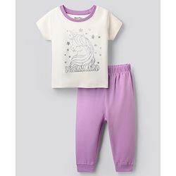 Bonfino Cotton Knit Half Sleeves Night Suit with Unicorn Print - White & Mauve