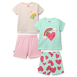 Bonfino 100% Cotton Knit Half Sleeves Heart & Rainbow Printed Shorts Night Suits Pack of 2 - Aqua Blue & Ivory
