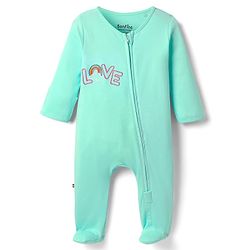 Bonfino 100% Cotton Knit Full Sleeves Sleepsuit With Text Embriodery - Aqua