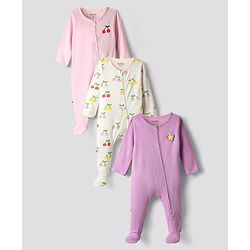 Bonfino 100% Cotton Knit Full Sleeves Cherry Printed Footed Sleep Suits Pack of 3 - Ivory Lilac & Pink