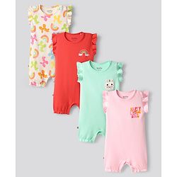 Bonfino 100% Cotton Knit Frill Sleeves Rainbow Printed Rompers With Patch Detailing Pack of 4 - Red Ivory Pink & Aqua