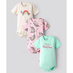 Bonfino 100% Cotton Knit Half Sleeves Onesies With Unicorn & Happy Days Text Print Pack Of 3 - Ivory Pink & Aqua Blue