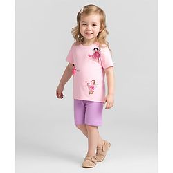 Bonfino 100% Cotton Knit Half Sleeves Oversized Printed T-Shirt & Cycling Shorts Set - Pink & Purple