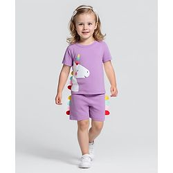 Bonfino 100% Cotton Knit Half Sleeves T-Shirt & Shorts Set With Unicorn Print & Applique - Lilac