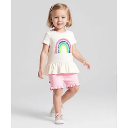 Bonfino Cotton Knit Half Sleeves T-Shirt & Shorts Set With Rainbow Embellishment & Frill  - Ivory & Pink