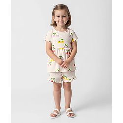 Bonfino 100% Cotton Knit Half Sleeves T-Shirt & Shorts Co-Ord Set With Cherry Print - Ivory