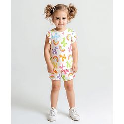 Bonfino 100% Cotton Knit Frill Sleeves T-Shirt & Shorts Co-Ord Set With Rainbow & Balloon Horse Print - White