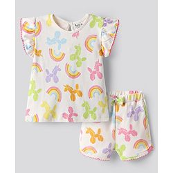 Bonfino 100% Cotton Knit Frill Sleeves T-Shirt & Shorts Co-Ord Set With Rainbow & Balloon Horse Print - White