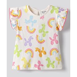 Bonfino 100% Cotton Knit Frill Sleeves T-Shirt & Shorts Co-Ord Set With Rainbow & Balloon Horse Print - White