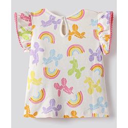 Bonfino 100% Cotton Knit Frill Sleeves T-Shirt & Shorts Co-Ord Set With Rainbow & Balloon Horse Print - White