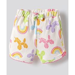 Bonfino 100% Cotton Knit Frill Sleeves T-Shirt & Shorts Co-Ord Set With Rainbow & Balloon Horse Print - White