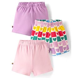 Bonfino 100% Knit Cotton Solid Colour & Heart Printed Shorts Pack Of 3 - Ivory, Lilac, Pink