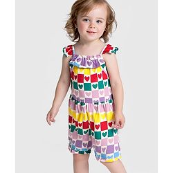 Bonfino 100% Cotton Knit Frill Sleeves Playsuit with Hearts Print & Checks - Pink