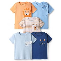 Bonfino 100% Cotton Knit Half Sleeves T-Shirt With Stripes & Animal Print Pack Of 5 - Light Blue & Navy Blue