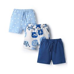 Bonfino 100% Cotton Knit Above Knee Length Animal & Star Printed Shorts Pack of 3 - White Light & Navy Blue