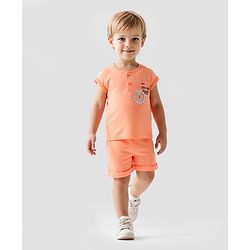 Bonfino 100% Cotton Knit Half Rollup Sleeves Henley T-Shirt & Shorts Set With Print & Lion Patch - Light Orange