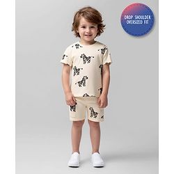 Bonfino 100% Cotton Knit Half Drop Shoulder Sleeves Oversized T-Shirt & Shorts Co-Ord Set With Zebra Print - Off White