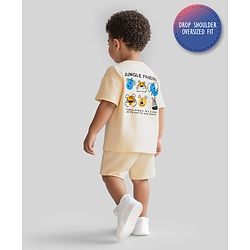Bonfino 100% Cotton Knit Half Drop Shoulder Sleeves Oversized T-Shirt & Shorts Set With Animal Print - Beige