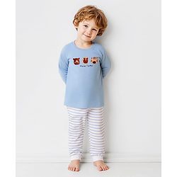 Bonfino 100% Cotton Knit Full Sleeves Night Suit with Animal Print & Stripes - Light Blue